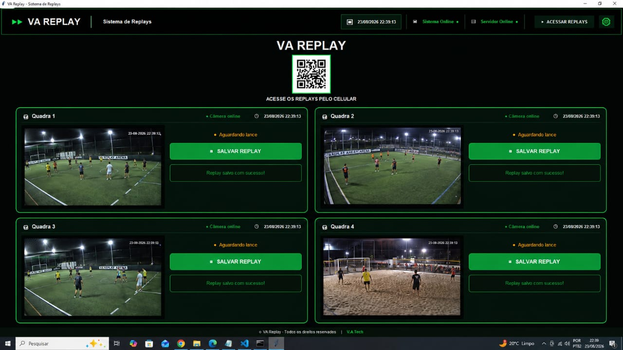 Tela original do painel VA Replay, com quatro áreas de demonstração e comandos para salvar replay
